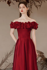 A Line Prom Dress Off the Shoulder Satin Tea Length Burgundy Formal Evening Dress